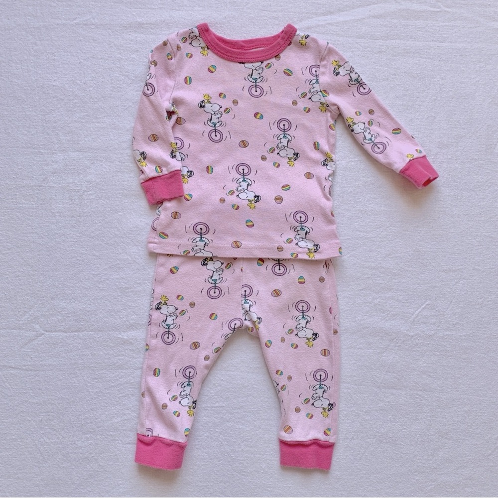 Peanuts Snoopy Woodstock Easter Eggs 100% Cotton Pink 2 Piece Pajamas 6-12M